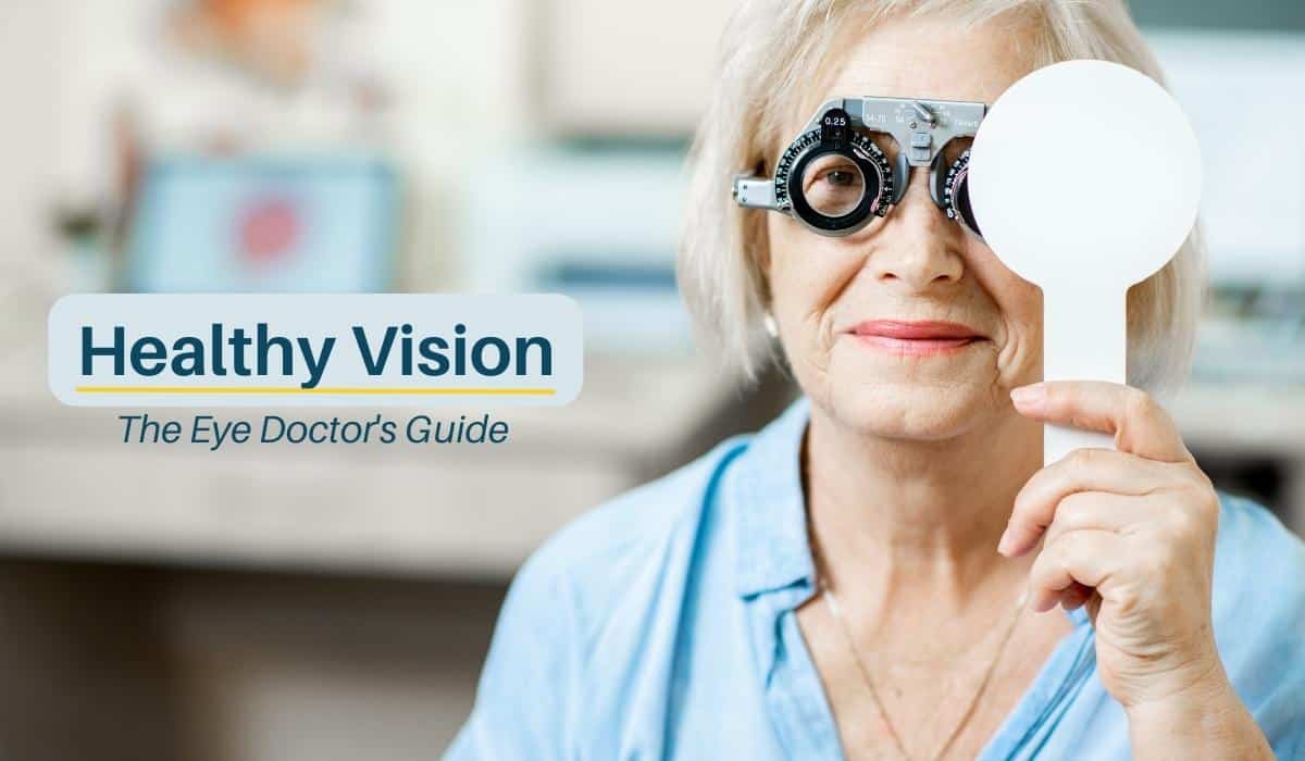 Senior woman holding eye shield over left eye during eye exam