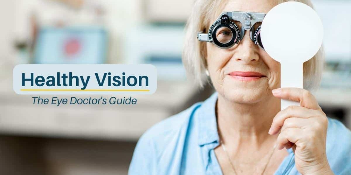 Senior woman holding eye shield over left eye during eye exam